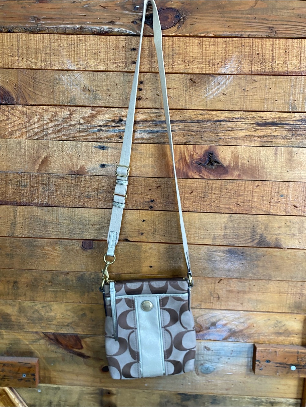 Coach Small Signature Crossbody in Brown and Cream with Adjustable Strap